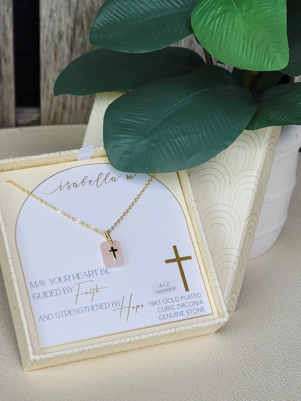 Isabella M 18K Gold-Plated Genuine Pink Stone Cross Pendant Necklace - Picture 2 of 4